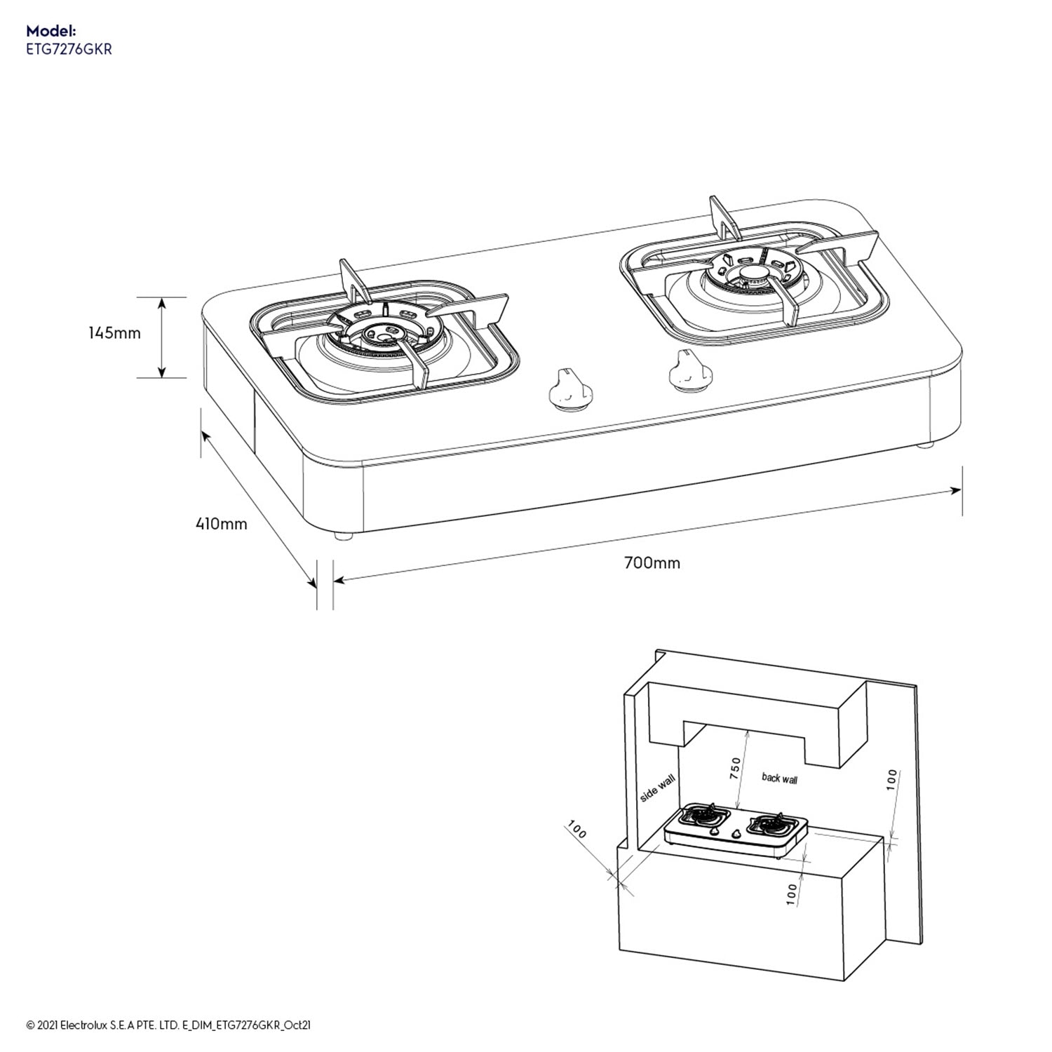70cm freestanding gas stove (2 burners) ETG7276GKR Electrolux Thailand